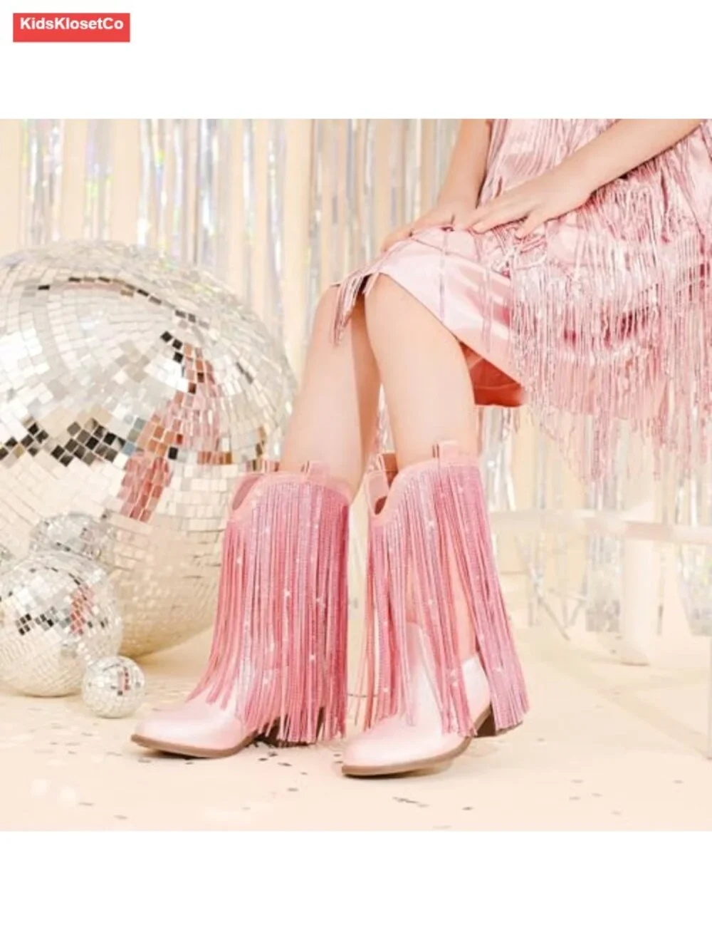 Rhinestone Fringe Cowgirl Boots for Girls Mid Calf Pointed Toe Cowboy Boots